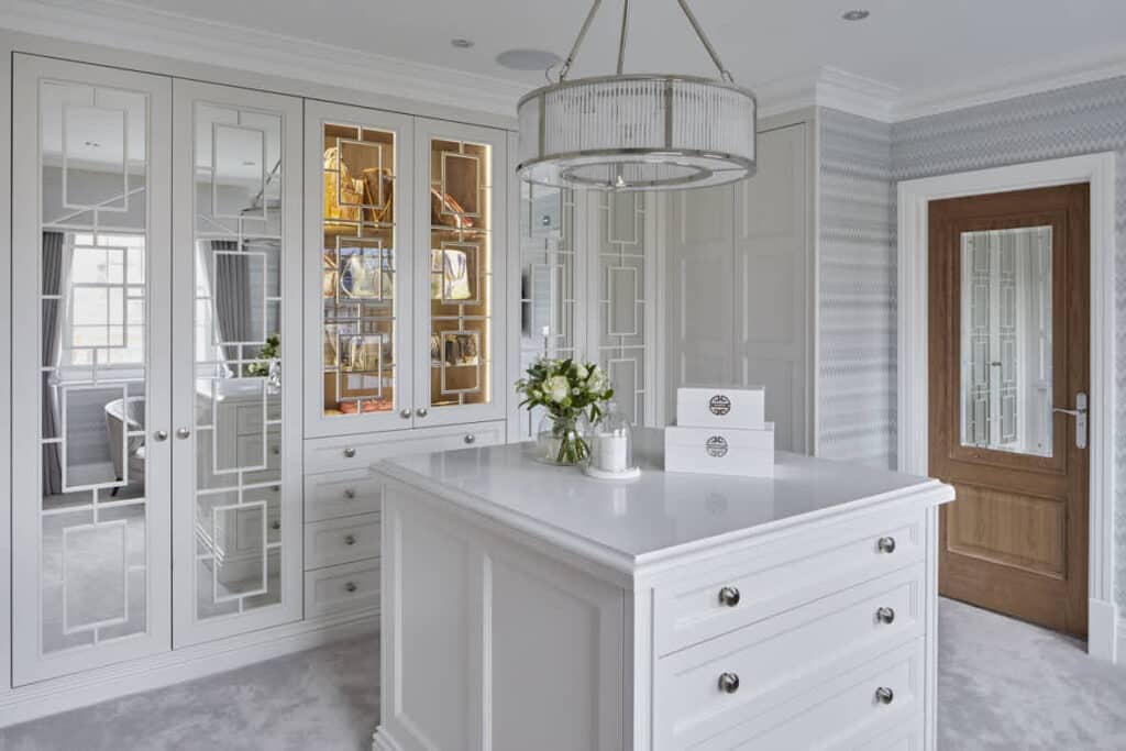 Heritage Simcox Empire_2250 White luxury Imperial dressing room with Island and mirrored door