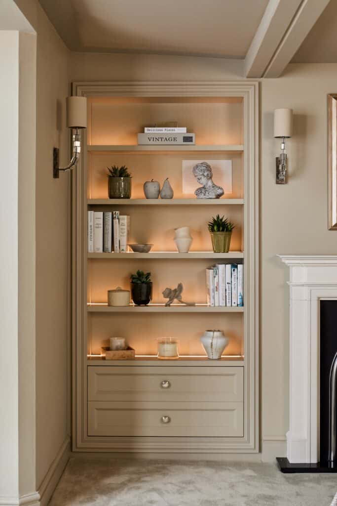 Heritage Wardrobes - Wall Hall4045-1440x2160 Victorian style bilt-in shelving with door panel closed and lights on