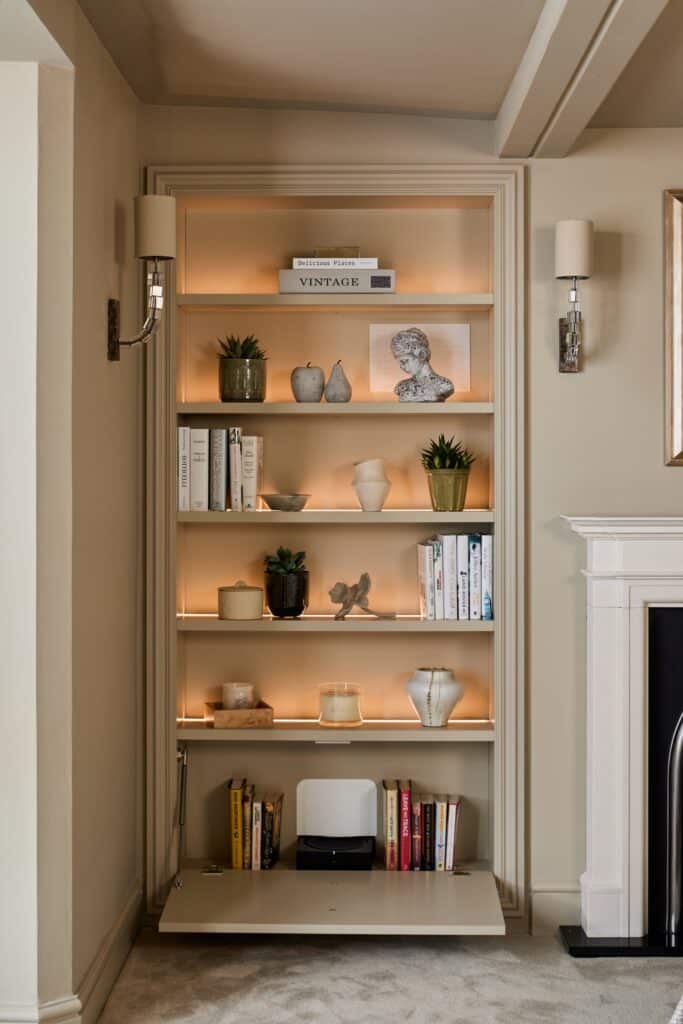 Heritage Wardrobes - Wall Hall4046-1440x2160 Victorian style bilt-in shelving with door panel open and lights on