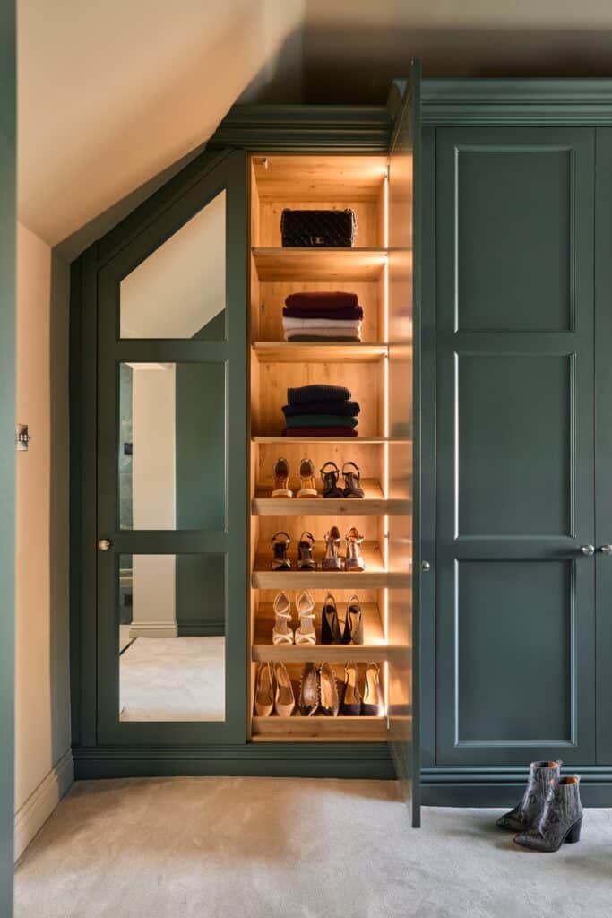Heritage Wardrobes - Wall Hall4128-1440x2160 Green, Victorian style dressing room with door open and LED lighting on