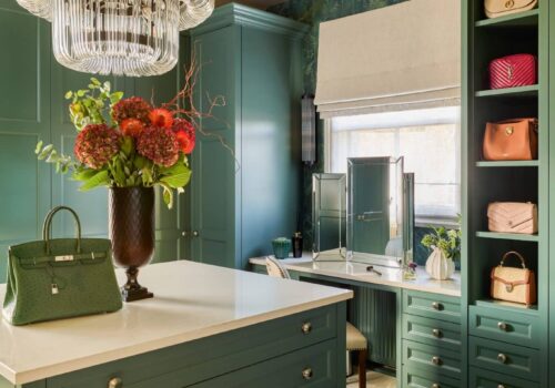Heritage Wardrobes - Wall Hall4150-1440x2160 Green, Victorian style dressing room with built-in dressing table and island and open-fronted shelving