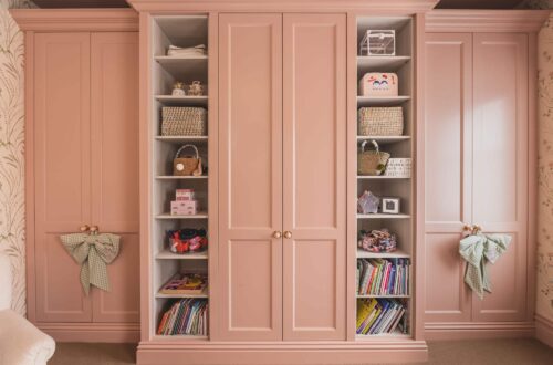 Wardrobegirlsroom(1of1) Tilford style fitted wardrobes with open shelving in Millie Mackintosh house