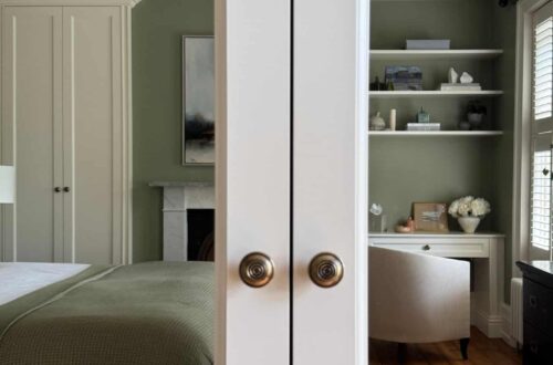 cs-islington-4 fitted wardrobe and bookcase reflected in fitted wardrobe mirrored doors