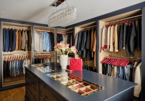 Heritage Wardrobes - The Yard19098 1 (Custom) Open fronted bespoke walk-in wardrobe with glass-topped island and internal lighting